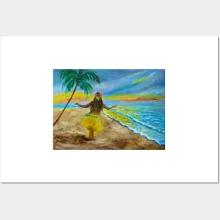 Hula Girl on the Beach Sunset Posters and Art